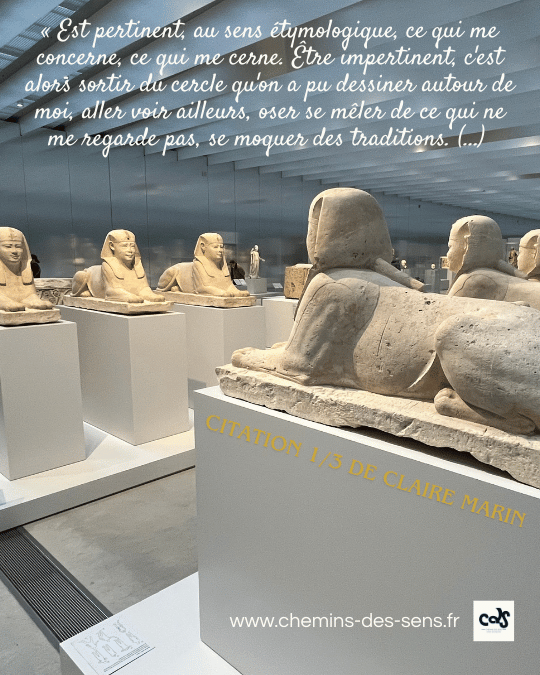 Citation Claire Marin 1 sur 3 "Est pertinent, au sens étymologique, ce qui me concerne, ce qui me cerne. Être impertinent, c'est alors sortir du cercle qu'on a pu dessiner autour de moi, aller voir ailleurs, oser se mêler de ce qui ne me regarde pas, se moquer des traditions."